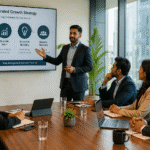 Startup business consultant presenting integrated growth strategy and market penetration strategy to CXOs in India