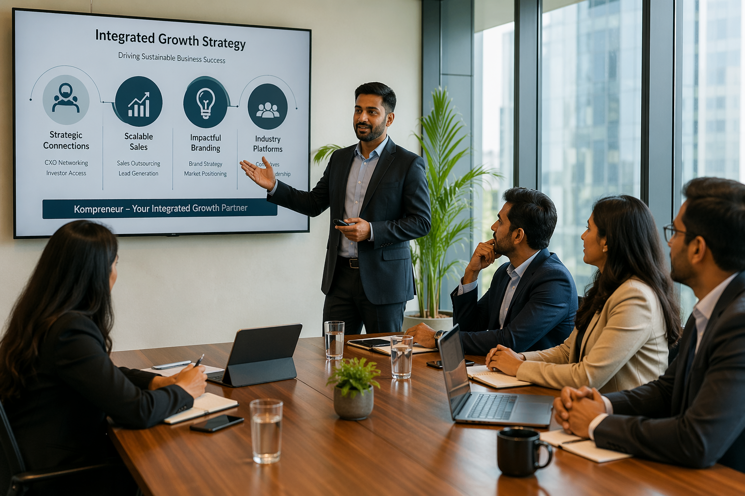 Startup business consultant presenting integrated growth strategy and market penetration strategy to CXOs in India